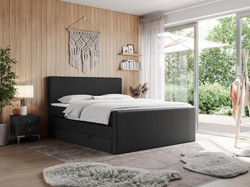 MKS MEBLE King Boxspringbett 200x200, Polsterbett 200x200 mit Bettkasten, Bett 200x200 mit Multipocket-Matratze H3, Boxspringbett 200x200 mit Kopfteil und Topper - H3 Schwarz Kunstleder - Doren von MKS MEBLE