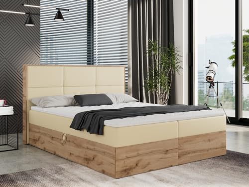 MKS MEBLE Boxspringbett 200x200 mit Bettkasten Eiche, Polsterbett 200x200 mit Matratze H3, Bett 200x200 mit Kopfteil, Bett mit Holzrahmen in Wotan Eiche - 200x200 - Creme Kunstleder - Albero-2 von MKS MEBLE