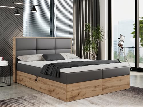 MKS MEBLE Boxspringbett 200x200 mit Bettkasten Eiche, Polsterbett 200x200 mit Matratze H3, Bett 200x200 mit Kopfteil, Bett mit Holzrahmen in Wotan Eiche - 200x200 - Dunkelgrau Kunstleder - Albero-2 von MKS MEBLE