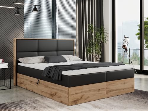 MKS MEBLE Boxspringbett 200x200 mit Bettkasten Eiche, Polsterbett 200x200 mit Matratze H4, Bett 200x200 mit Kopfteil, Bett mit Holzrahmen in Wotan Eiche - 200x200 - Schwarz Kunstleder - Albero-2 von MKS MEBLE