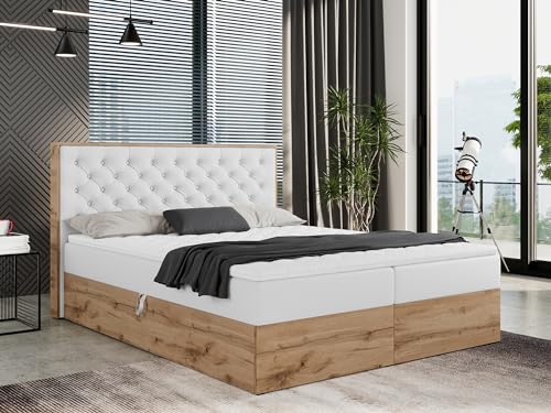 MKS MEBLE Boxspringbett 160x200 mit Bettkasten Eiche, Polsterbett 160x200 mit Matratze H4, Bett 160x200 mit Kopfteil, Bett mit Holzrahmen in Wotan Eiche - 160x200 - Weiß Kunstleder - Albero-3 von MKS MEBLE