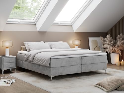 MKS MEBLE Boxspringbett 140x200 ohne Kopfteil mit Bettkasten, Bett 140x200 niedriges Kopfteil, Polsterbett 140x200 ohne Kopfteil - Less - Hellgrau Velvet - H3 von MKS MEBLE
