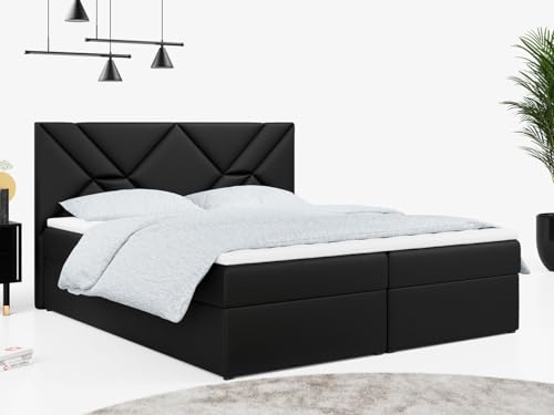 MKS MEBLE Boxspringbett Stelle-6, Doppelbett mit Matratze und Topper für Moderne Schlafzimmer - 160x200 - Schwarz Kunstleder - H4 von MKS MEBLE