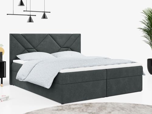 MKS MEBLE Boxspringbett Stelle-6, Doppelbett mit Matratze und Topper für Moderne Schlafzimmer - 180x200 - Dunkelgrau Struktur - H4 von MKS MEBLE