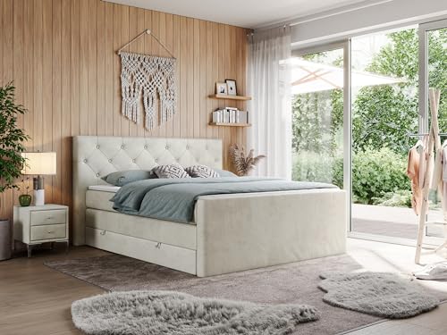 MKS MEBLE Boxspringbett mit Zwei Ebenen Matratzen, Topper und Bettkasten - King VELEN - 160x200 - Beige Velvet - H3 von MKS MEBLE