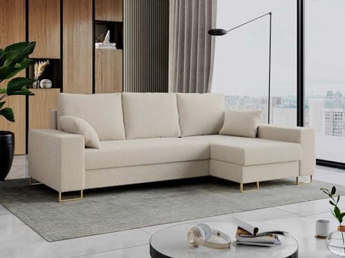 MKS MEBLE Ecksofa, Bettsofa, L-Form Couch mit Bettkasten und Schlaffunktion - Dorian - Beige Boucle von MKS MEBLE