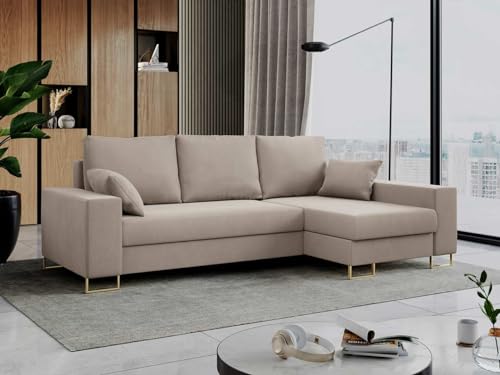 MKS MEBLE Ecksofa, Bettsofa, L-Form Couch mit Bettkasten und Schlaffunktion - Dorian - Beige Samt von MKS MEBLE