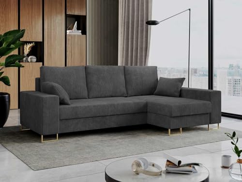 MKS MEBLE Cord Ecksofa - L-Form Cord Sofa mit Schlaffunktion - Wohnlandschaft L Form, Ecksofa mit Schlaffunktion und Bettkasten, Schlafsofa mit Bettkasten, Couch mit Schlaffunktion - Dunkelgrau Dorian von MKS MEBLE