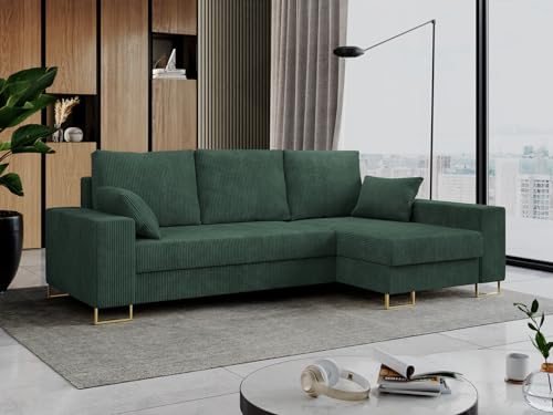 MKS MEBLE Cord Ecksofa - L-Form Cord Sofa mit Schlaffunktion - Wohnlandschaft L Form, Ecksofa mit Schlaffunktion und Bettkasten, Schlafsofa mit Bettkasten, Couch mit Schlaffunktion - Grün Dorian von MKS MEBLE