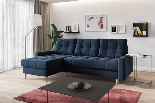 MKS MEBLE Ecksofa L-Form Sofa Mit Schlaffunktion - Marineblau - Wohnlandschaft - Ausklappbar Bettsofa - Wohnzimmer L Couch - Polstersofa mit Bettkasten Scandi von MKS MEBLE