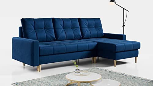 MKS MEBLE Ecksofa Wohnzimmer - Wohnlandschaft - L-Form Couch mit Schlaffunktion - Bettsofa - Wohnzimmer L Couch - Polstersofa mit Bettkasten - Astra Dunkelblau von MKS MEBLE