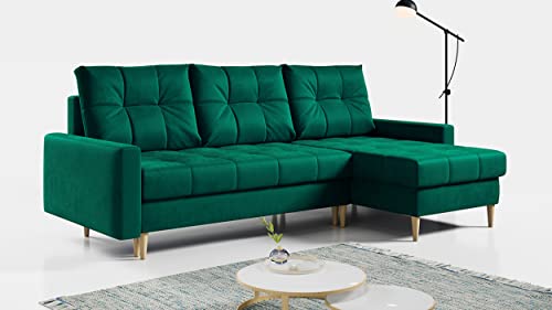 MKS MEBLE Ecksofa - L-Form Sofa mit Schlaffunktion - Wohnlandschaft L Form, Ecksofa mit Schlaffunktion und Bettkasten, Schlafsofa mit Bettkasten, Couch mit Schlaffunktion - Dunkelgrün Astra von MKS MEBLE