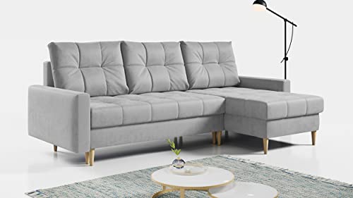 MKS MEBLE Ecksofa Wohnzimmer - Wohnlandschaft - L-Form Couch mit Schlaffunktion - Bettsofa - Wohnzimmer L Couch - Polstersofa mit Bettkasten - Astra Hellgrau von MKS MEBLE