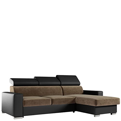 MKS MEBLE Ecksofa Wohnzimmer - Wohnlandschaft - L-Form Couch mit Schlaffunktion - Bettsofa - Wohnzimmer L Couch - Polstersofa mit Bettkasten - Fox Helbraun Schwarz von MKS MEBLE
