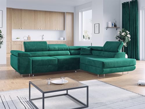 MKS MEBLE Ecksofa Wohnzimmer - Wohnlandschaft - L-Form Couch mit Schlaffunktion - Bettsofa - Wohnzimmer L Couch - Polstersofa mit Bettkasten - Gustaw - Dunkelgrün - Rechts von MKS MEBLE