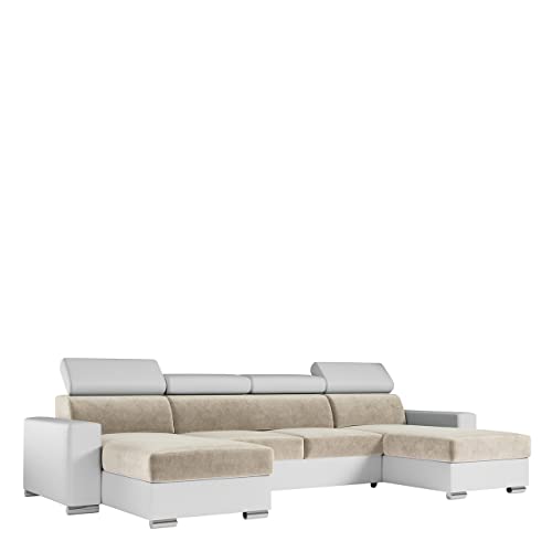 MKS MEBLE U-Form Wohnlandschaft Mit Schlaffunktion, XXL Sofa, Couch Mit Bettkasten - Fox U Creme Weiß Monolith von MKS MEBLE