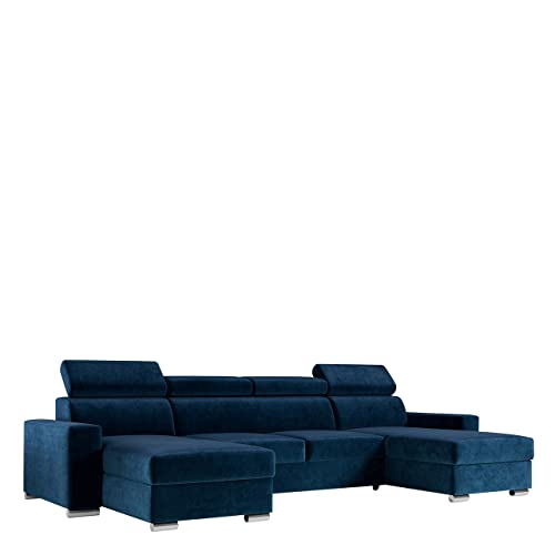 MKS MEBLE Ecksofa Wohnzimmer - Wohnlandschaft - U-Form Couch mit Schlaffunktion - Bettsofa - Wohnzimmer U Couch - Polstersofa mit Bettkasten - Fox U Marineblau von MKS MEBLE