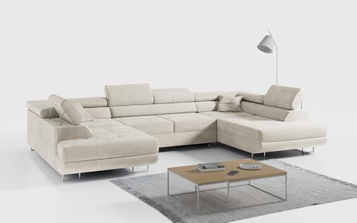 MKS MEBLE Ecksofa Wohnzimmer - Wohnlandschaft - U-Form Couch mit Schlaffunktion - Bettsofa - Wohnzimmer U Couch - Polstersofa mit Bettkasten - Gustaw U Creme Monolith von MKS MEBLE