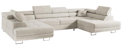MKS MEBLE Sofa Beige Wohnzimmer - Wohnlandschaft - U-Form Couch mit Schlaffunktion - Schlafsofa mit Bettkasten - Wohnzimmer U Couch - Polstersofa mit Bettkasten - Gustaw U Creme Monolith von MKS MEBLE