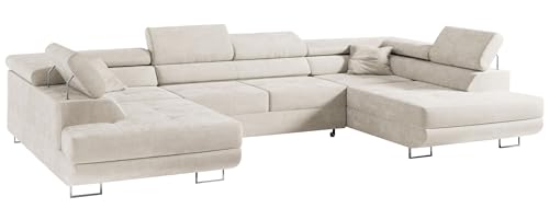 MKS MEBLE Sofa Beige Wohnzimmer - Wohnlandschaft - U-Form Couch mit Schlaffunktion - Schlafsofa mit Bettkasten - Wohnzimmer U Couch - Polstersofa mit Bettkasten - Gustaw U Creme Paros von MKS MEBLE
