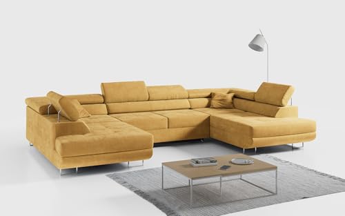 MKS MEBLE Ecksofa Wohnzimmer - Wohnlandschaft - U-Form Couch mit Schlaffunktion - Bettsofa - Wohnzimmer U Couch - Polstersofa mit Bettkasten - Gustaw U Gelb Kronos von MKS MEBLE