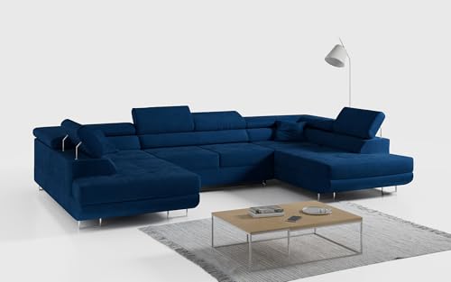 MKS MEBLE Ecksofa Wohnzimmer - Wohnlandschaft - U-Form Couch mit Schlaffunktion - Bettsofa - Wohnzimmer U Couch - Polstersofa mit Bettkasten - Gustaw U Marineblau Monolith von MKS MEBLE