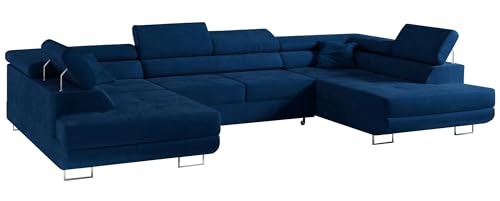 MKS MEBLE Sofa Blau Wohnzimmer - Wohnlandschaft - U-Form Couch mit Schlaffunktion - Schlafsofa mit Bettkasten - Wohnzimmer U Couch - Polstersofa mit Bettkasten - Gustaw U Marineblau Monolith von MKS MEBLE