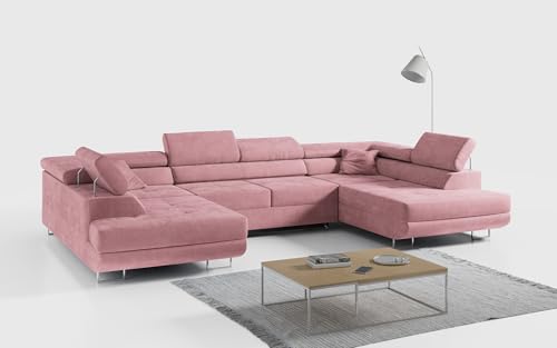 MKS MEBLE Ecksofa Wohnzimmer - Wohnlandschaft - U-Form Couch mit Schlaffunktion - Bettsofa - Wohnzimmer U Couch - Polstersofa mit Bettkasten - Gustaw U Rosa Kronos von MKS MEBLE