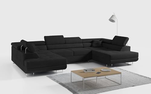 MKS MEBLE Ecksofa Wohnzimmer - Wohnlandschaft - U-Form Couch mit Schlaffunktion - Bettsofa - Wohnzimmer U Couch - Polstersofa mit Bettkasten - Gustaw U Schwarz Kronos von MKS MEBLE