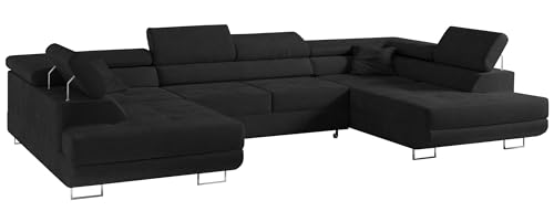 MKS MEBLE Sofa Schwarz Wohnzimmer - Wohnlandschaft - U-Form Couch mit Schlaffunktion - Schlafsofa mit Bettkasten - Wohnzimmer U Couch - Polstersofa mit Bettkasten - Gustaw U Schwarz Kronos von MKS MEBLE