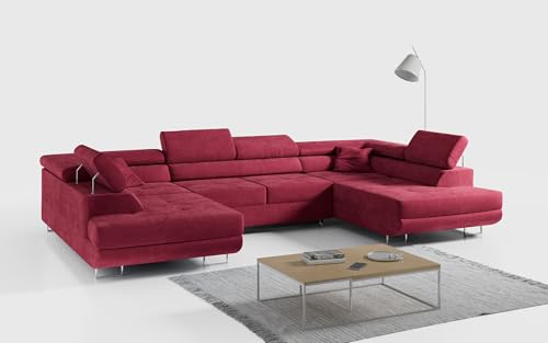 MKS MEBLE Ecksofa Wohnzimmer - Wohnlandschaft - U-Form Couch mit Schlaffunktion - Bettsofa - Wohnzimmer U Couch - Polstersofa mit Bettkasten - Gustaw U Weinrot Kronos von MKS MEBLE