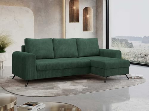 MKS MEBLE Cord Ecksofa - L-Form Sofa Mit Schlaffunktion und Bettkasten - Wohnlandschaft L Form, Schlafsofa, Couch - Grün Hugo von MKS MEBLE