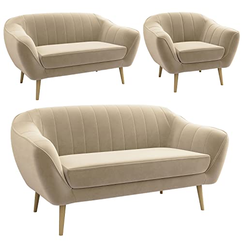 MKS MEBLE Moderne Sofa - Sofa Set 3+2+1 - Skandinavische Deko Polstersofa - Gaja Zwei Loungesofas und Sessel - Sechs Personen Beige von MKS MEBLE