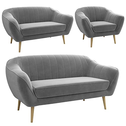 MKS MEBLE Moderne Sofa - Sofa Set 3+2+1 - Skandinavische Deko Polstersofa - Gaja Zwei Loungesofas und Sessel - Sechs Personen Grau von MKS MEBLE