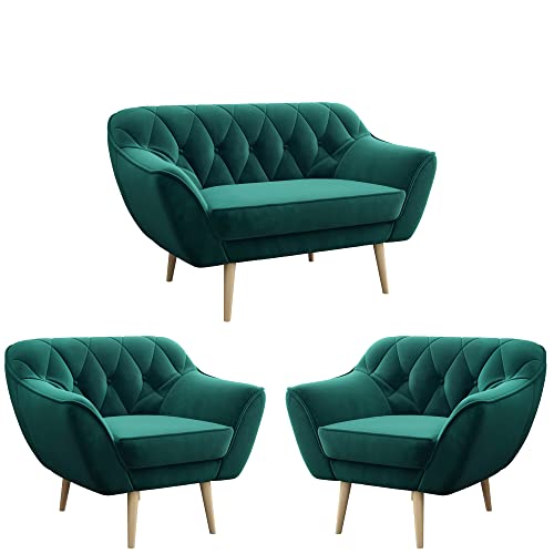 MKS MEBLE Sofa Grün - Moderne Sofa Set 2+1+1 - Skandinavische Deko Polstersofa - Pirs Loungesofa und Zwei Sessels - Vier Personen Dunkelgrün von MKS MEBLE
