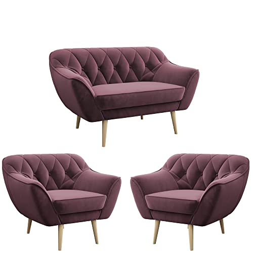 MKS MEBLE Sofa - Moderne Sofa Set 2+1+1 - Skandinavische Deko Polstersofa - Pirs Loungesofa und Zwei Sessels - Vier Personen Rosa von MKS MEBLE