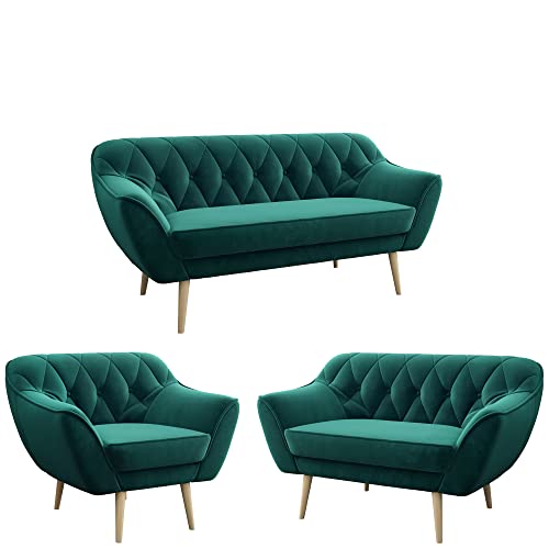 MKS MEBLE Sofa - Moderne Sofa Set 3+2+1 - Skandinavische Deko Polstersofa - Pirs Zwei Loungesofas und Sessel - Sechs Personen Flaschengrün von MKS MEBLE