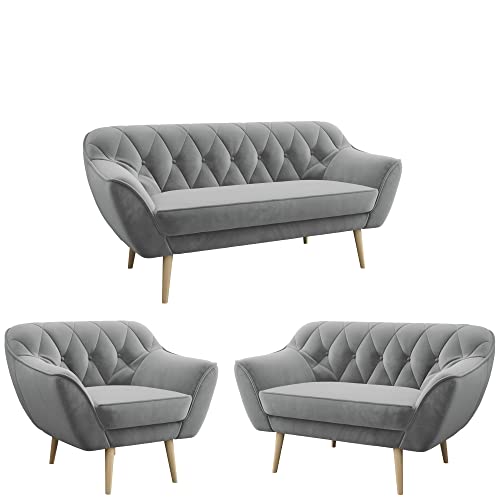 MKS MEBLE Sofa Grau - Moderne Sofa Set 3+2+1 - Skandinavische Deko Polstersofa - Pirs Zwei Loungesofas und Sessel - Sechs Personen Grau von MKS MEBLE