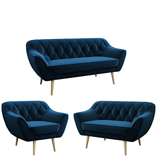 MKS MEBLE Sofa - Moderne Sofa Set 3+2+1 - Skandinavische Deko Polstersofa - Pirs Zwei Loungesofas und Sessel - Sechs Personen Marineblau von MKS MEBLE