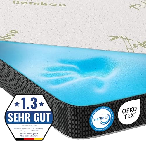 Gel-Schaum Bambus Topper 90 x 200 cm | 3D-Air-Flow | Viskoelastische Matratzenauflagen 7cm Höhe | Memory Foam Matratzenschoner | für Matratzen & Boxspringbett (90 x 200 cm) von MKS.