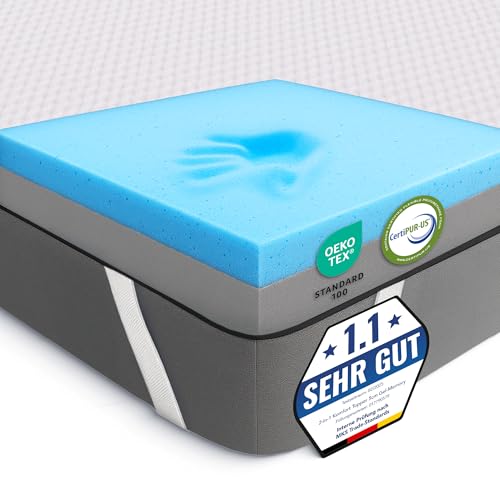 MKS 2-in-1 Gel Topper – Gelschaum Topper 120x200cm mit H3 & H4, 5-Schichten-System, Druckentlastung, Mesh-Seiten & Elastikbändern – Ideal für Seiten-, Rücken- & Bauchschläfer von MKS