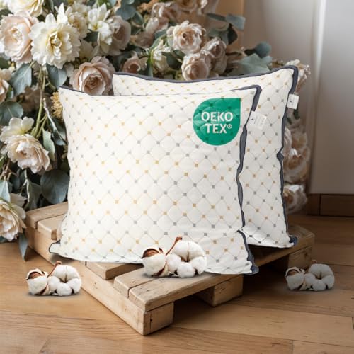 MKS 2er Set Kopfkissen 80x80 – Stützende und Feste Schlafkissen mit 1600g Mikrofaserfüllung – 100 % Baumwollbezug – Für Seitenschläfer – Waschbar, amungsaktiv und komfortabel MKS 2er Set Kopfkissen 80x80 – Stützende und Feste Schlafkissen mit 1600g Mikrofaserfüllung – 100 % Baumwollbezug – Für Seitenschläfer – Waschbar, amungsaktiv und komfortabel von MKS