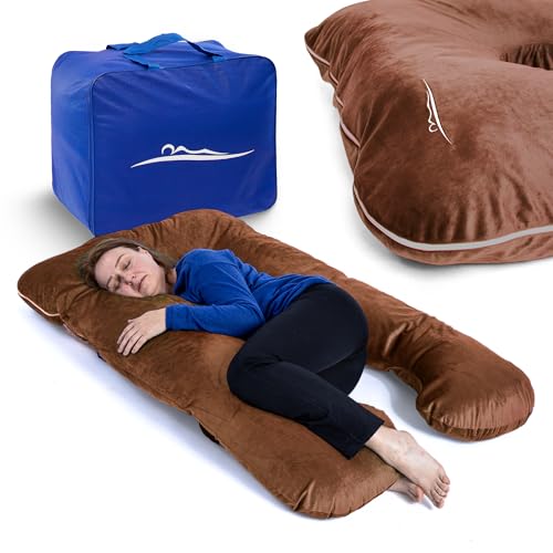MKS Seitenschläferkissen mit Bezug | Komfortkissen (100 x 150 cm) | Schlafkissen | Seitenschläferkissen u Form | Ergonomisches Premium kühlendes Kuschelkissen (Mikroplüsch (Kuschelig) / Braun) von MKS