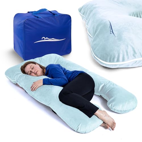 MKS Seitenschläferkissen mit Bezug | Komfortkissen (100 x 150 cm) | Schlafkissen | Seitenschläferkissen u Form | Ergonomisches Premium kühlendes Kuschelkissen (Mikroplüsch (Kuschelig) / Himmelblau) von MKS