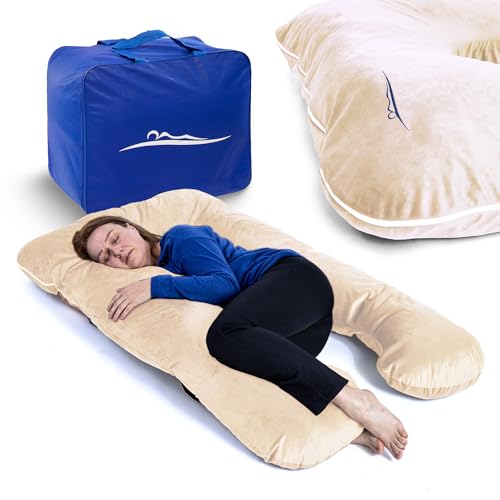 MKS Seitenschläferkissen mit Bezug | Komfortkissen (100 x 150 cm) | Schlafkissen | Seitenschläferkissen u Form | Ergonomisches Premium kühlendes Kuschelkissen (Mikroplüsch (Kuschelig) / Pfirsich) von MKS