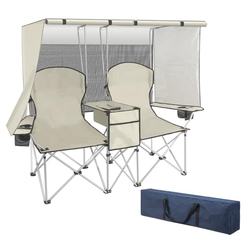 MKSY Doppel-Campingstuhl mit Baldachin, Zweisitzer-Campingstuhl, faltbarer Strandstuhl mit Getränkehalter, Kühltasche für Sport, Strand, draußen (weiß) von MKSY
