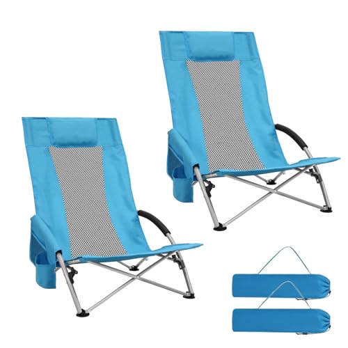 MKSY Strandstühle mit hoher Rückenlehne, tragbar, Klappstuhl für Erwachsene, Foding-Campingstühle mit Tragetasche, Getränkehalter für Strand, Angeln im Freien (Blau) von MKSY