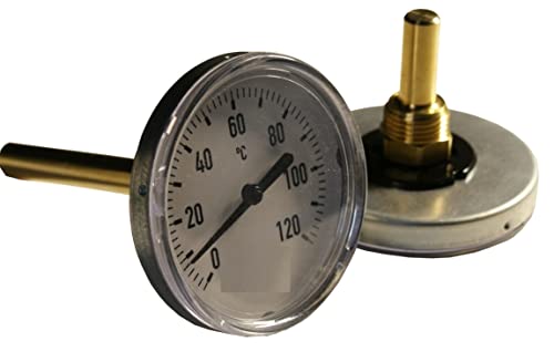 Bimetall Thermometer Ø 80mm Zeigerthermometer 160mm für Heizung Thermometer Pufferspeicher 0 bis 120°C + Tauchhülse Heizungsanlage Wasserleitungen (Länge: 160mm) von MKV