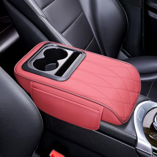 MKWGZPGW Auto Armlehnenkissen für Mazda CX3 CX5 CX4 CX7 CX-30 CX-50 CX-60,Leder wasserdichte Armlehnenkissen, Auto Mittelkonsole Armlehne Kissen mit 2 Aufbewahrungstaschen,Wine red von MKWGZPGW