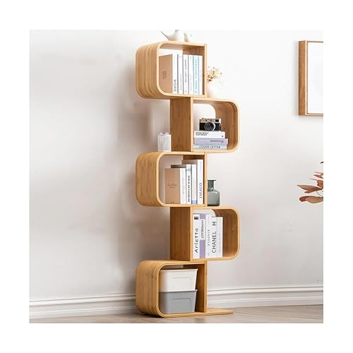 MKYOKO Bücherregal Bambus-Bücherregal, mehrschichtig, S-förmig, bodenstehend, baumförmig, Bücherregal, Bücherregal, Dekoration, Heimbüro Holz Bücherschrank von MKYOKO
